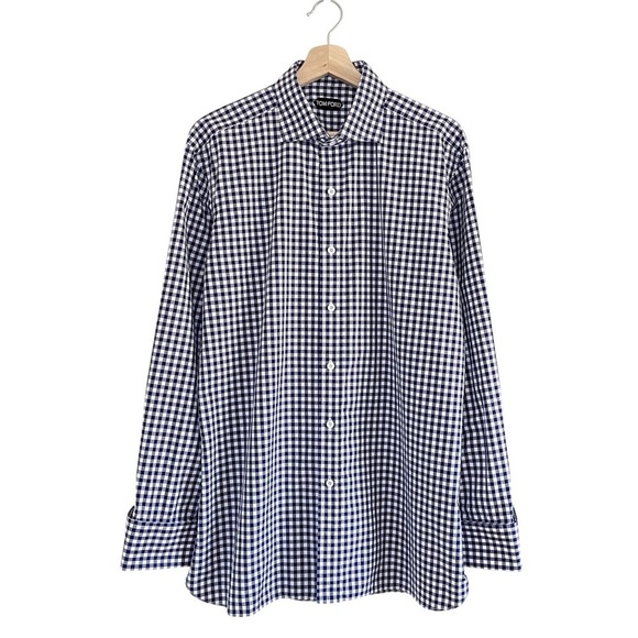 Tom Ford Other - Tom Ford Men’s Slim Fit Gingham Check French Cuff Dress Shirt Blue 43 EU 17 US